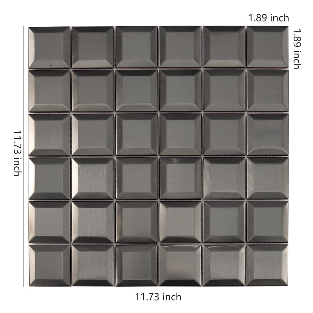 Black brushed stainless steel mosaic tile sheet with labeled dimensions