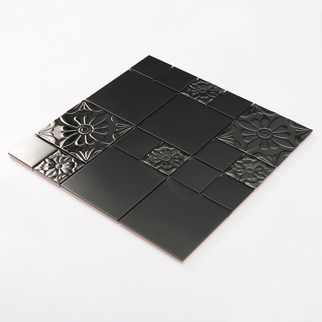 Angled view of black embossed stainless steel mosaic tile sheet