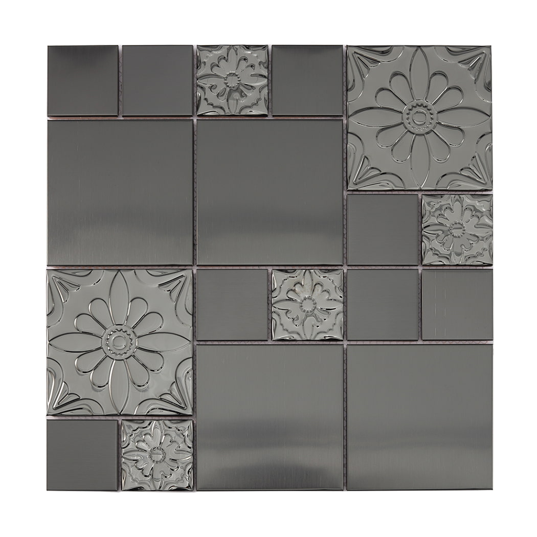 Full sheet of black embossed stainless steel mosaic tile with mixed patterns