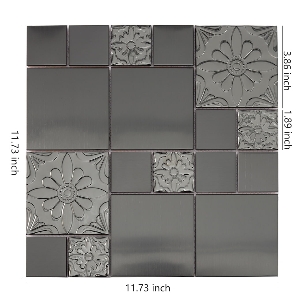 Black embossed stainless steel mosaic tile sheet with size measurements