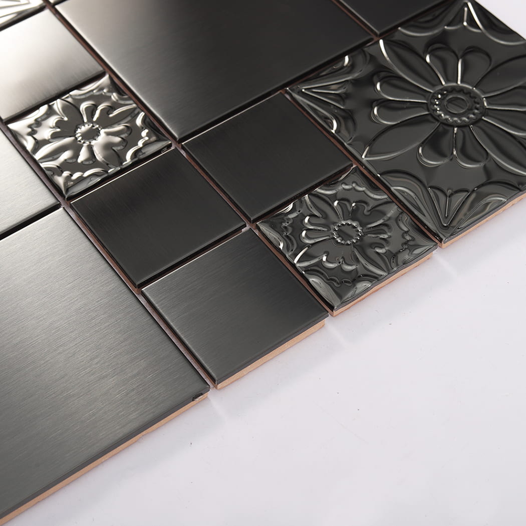 Side profile view of black embossed stainless steel mosaic tiles