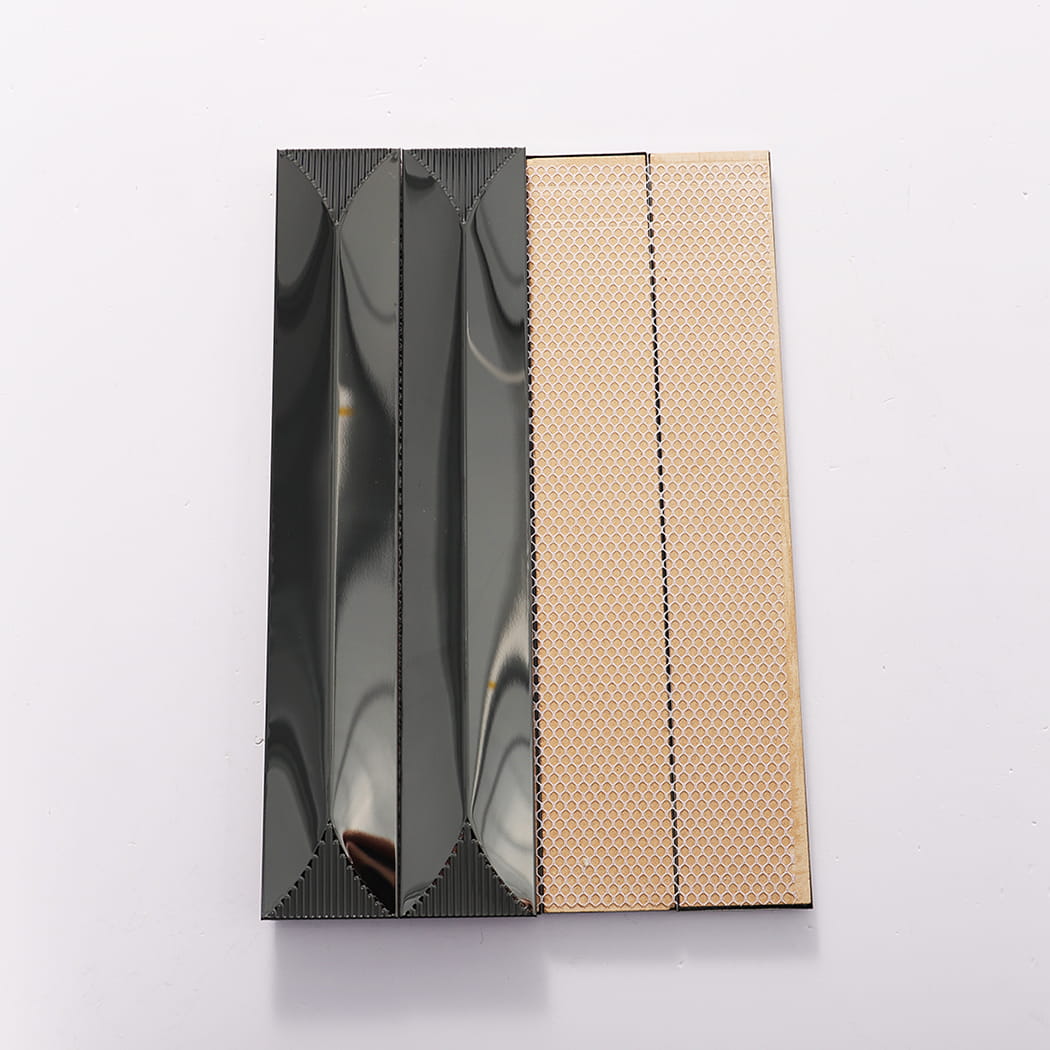 Front and back view showing glossy strips and mesh backing for installation.