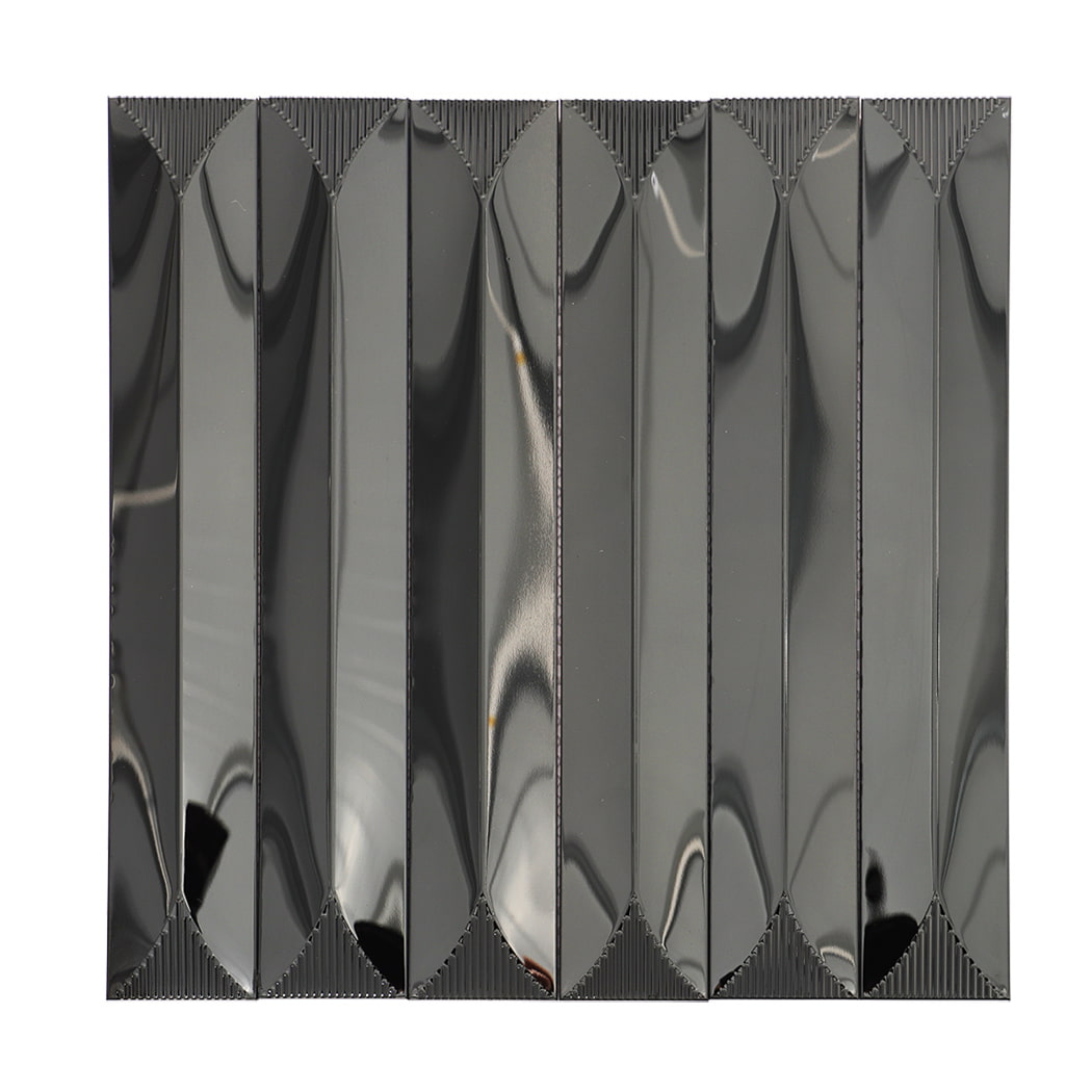 Front view of black glossy 3D strip stainless steel mosaic tile sheet.