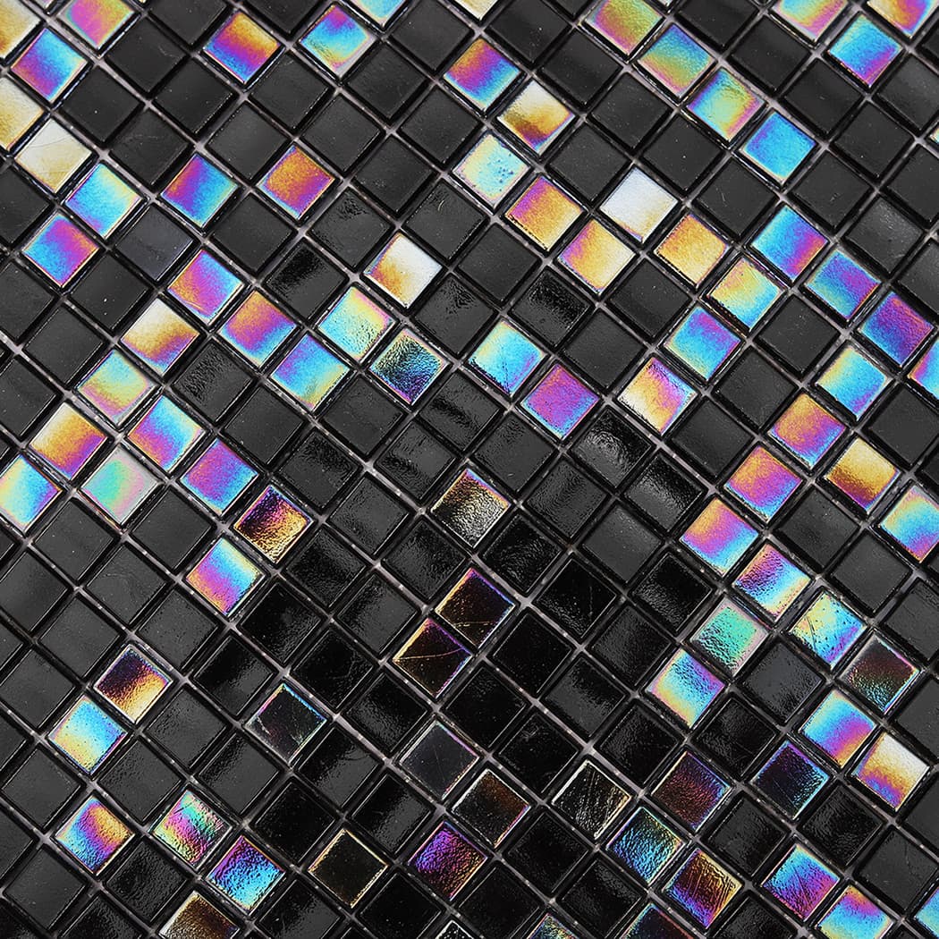 Close-up texture of black square mosaic tiles with glossy iridescent finish