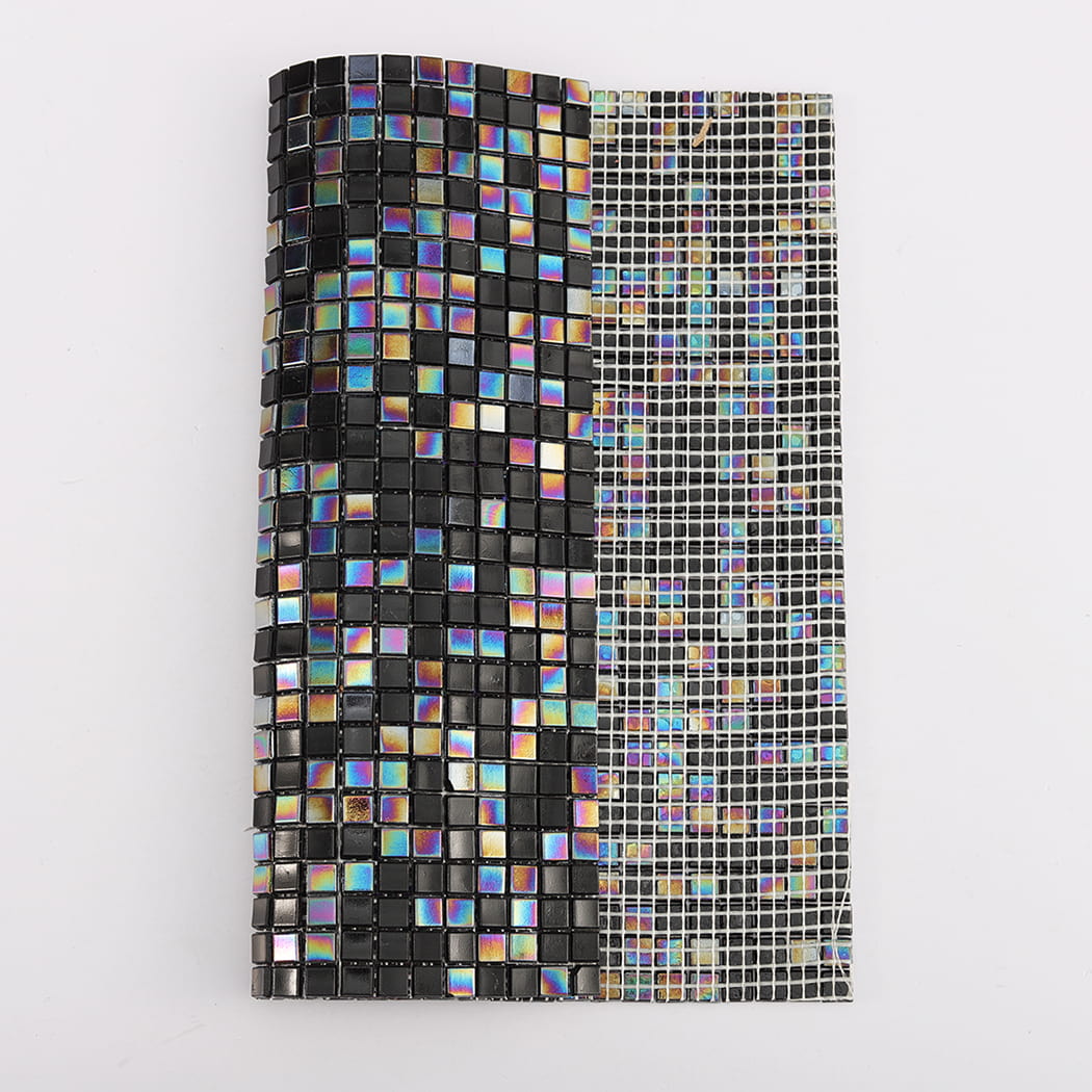Back and front view of black iridescent glass mosaic tile with mesh backing