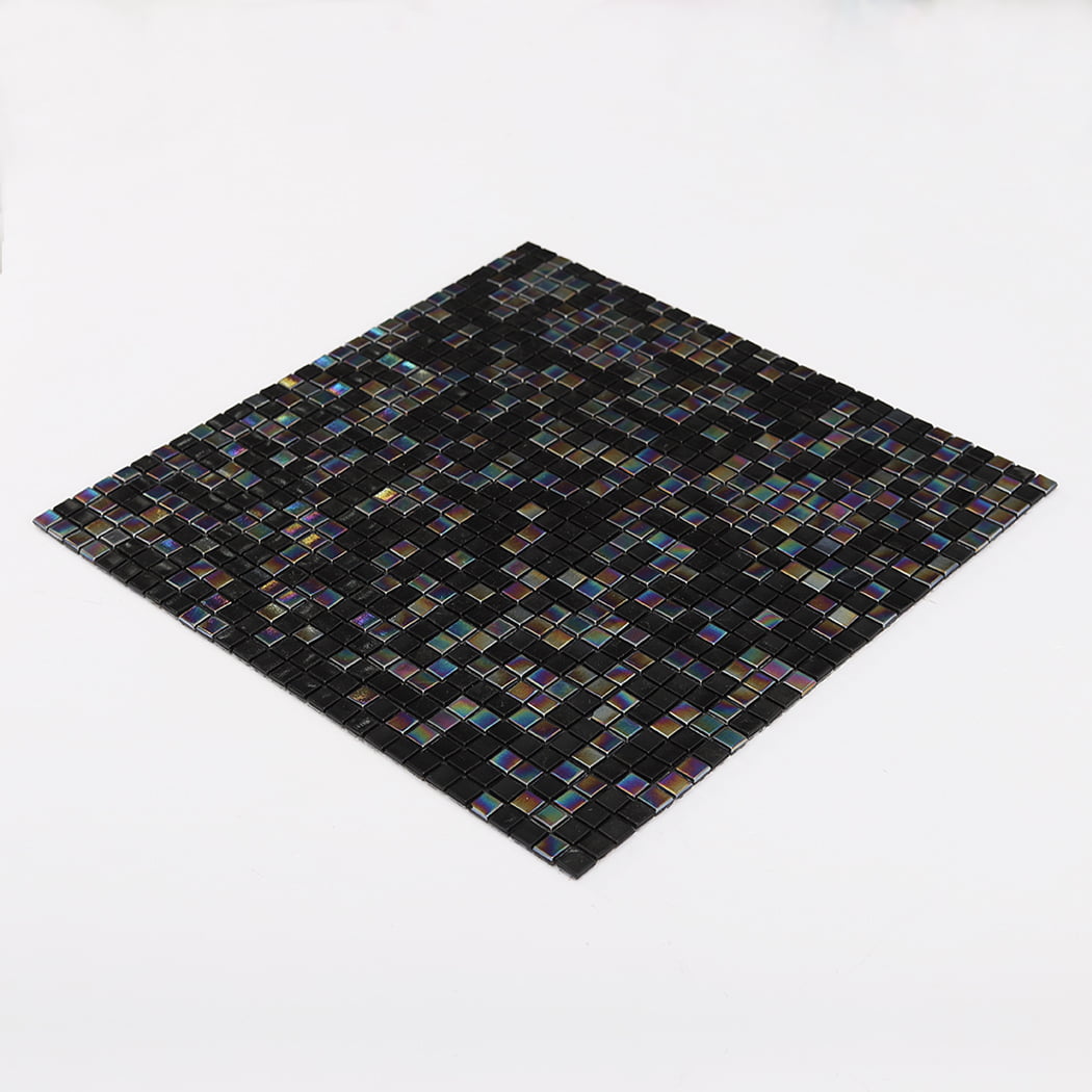 Perspective view of black iridescent glass mosaic sheet on white background
