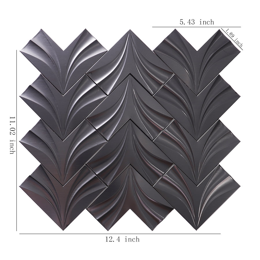Black 3D metal chevron mosaic tile showing measurements in inches