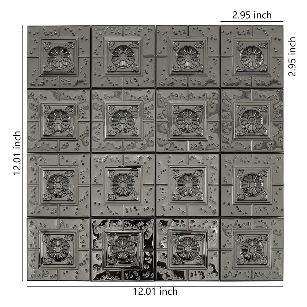 Embossed black metal mosaic tile sheet showing square pattern and size dimensions
