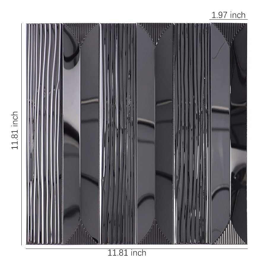 Black metallic mosaic tile with vertical grooves and size dimensions shown.