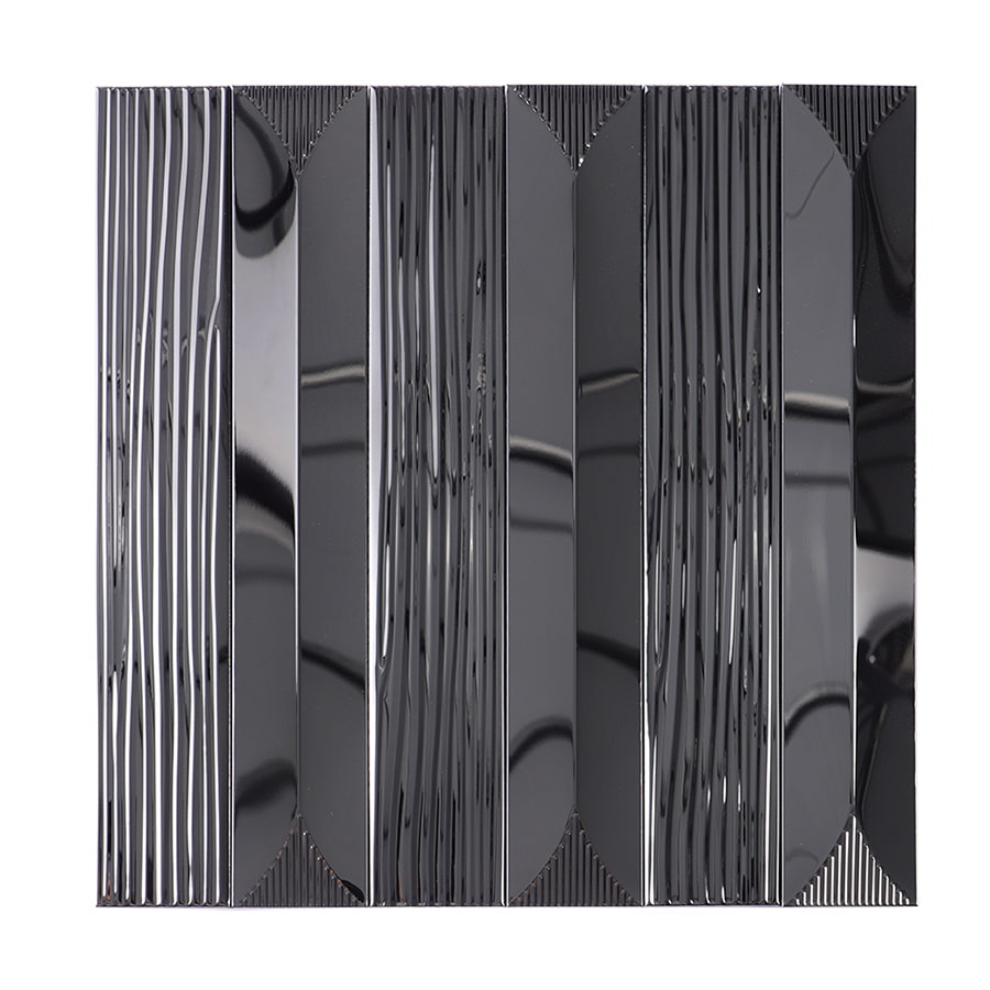 Front view of glossy black metal mosaic tile with vertical striped texture.