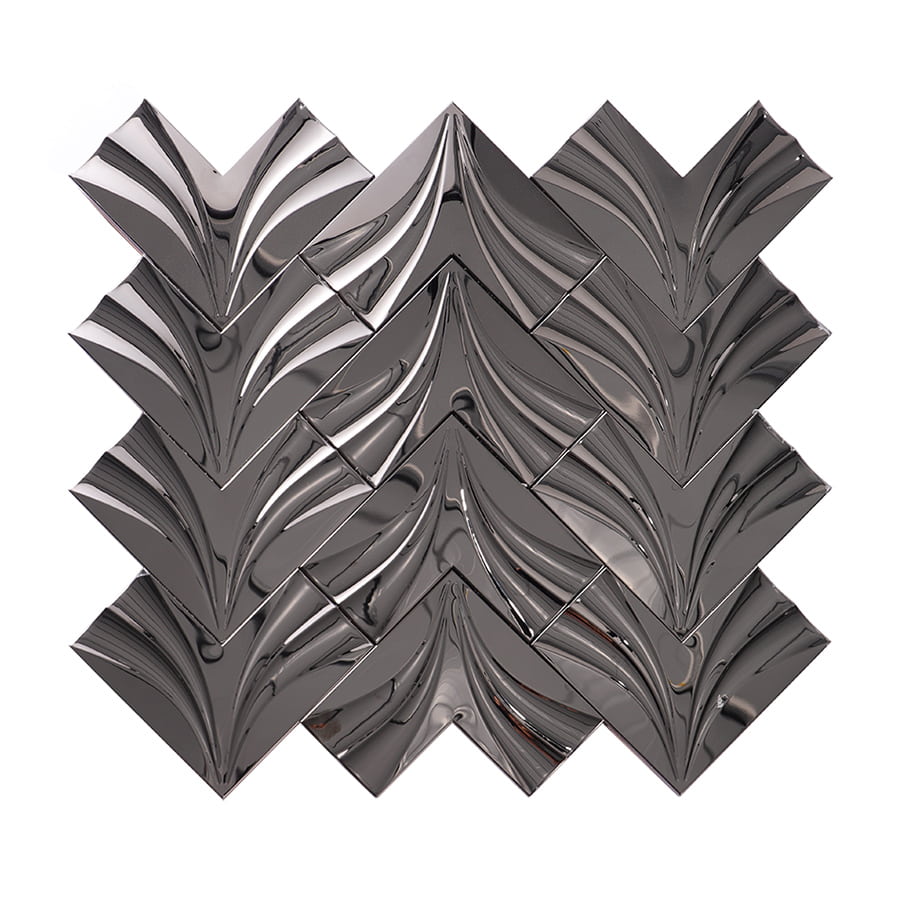 Full sheet of black mirror herringbone groutless metal mosaic tile