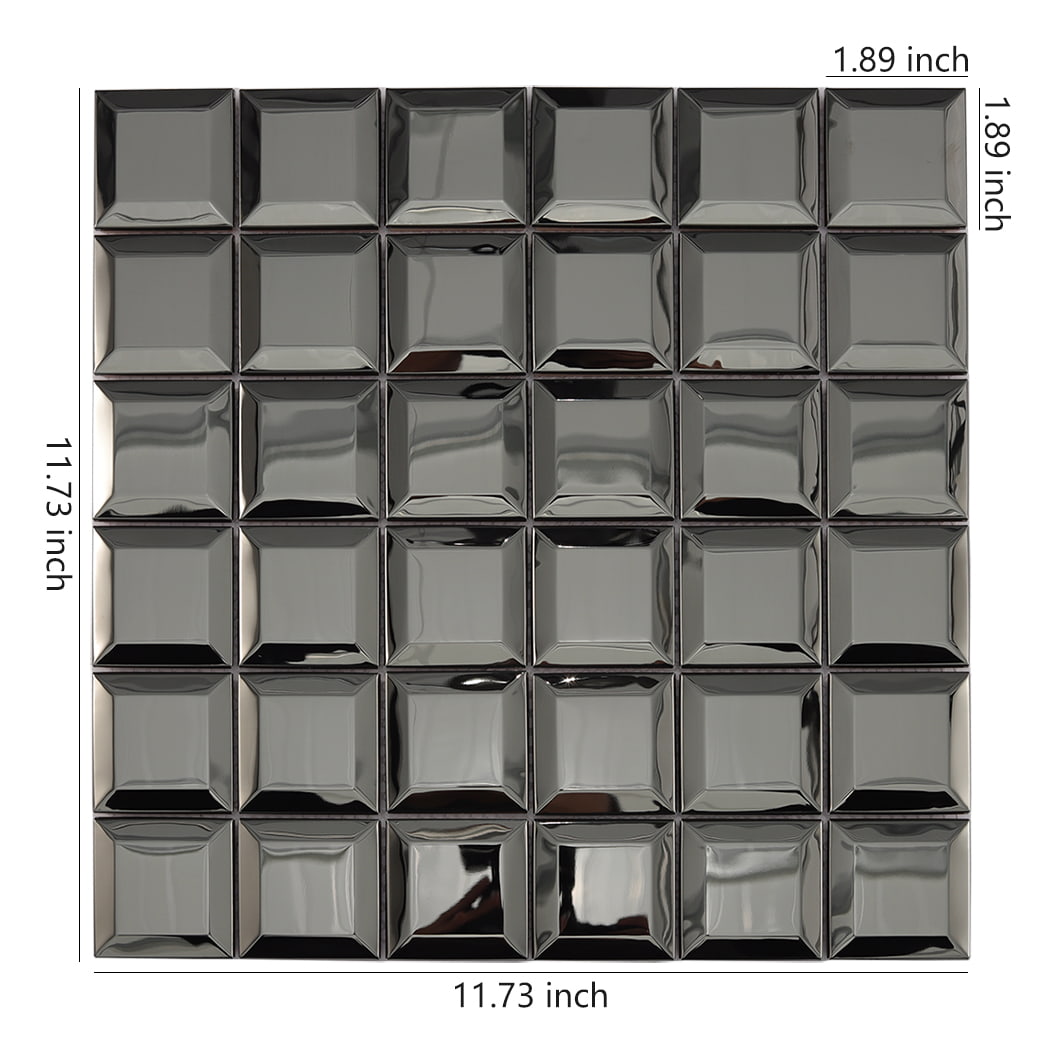 Black mirror stainless steel mosaic tile sheet with square layout and size markings