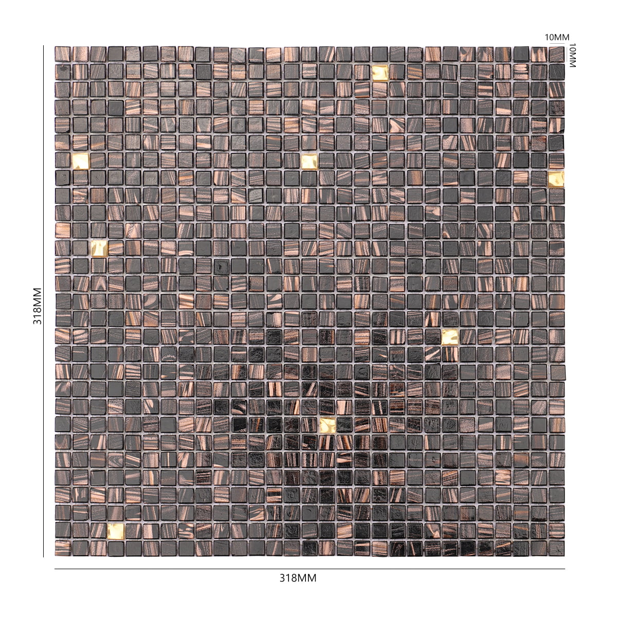 Black mosaic tile sheet with bronze swirls and gold accents in a geometric pattern