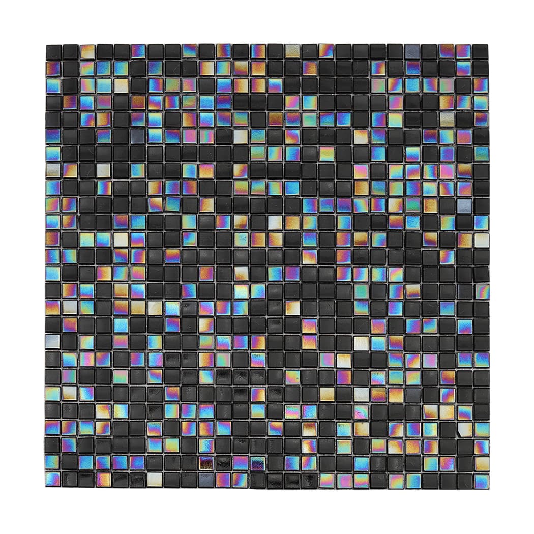 Front view of evenly arranged black glass mosaic tiles with subtle rainbow highlights