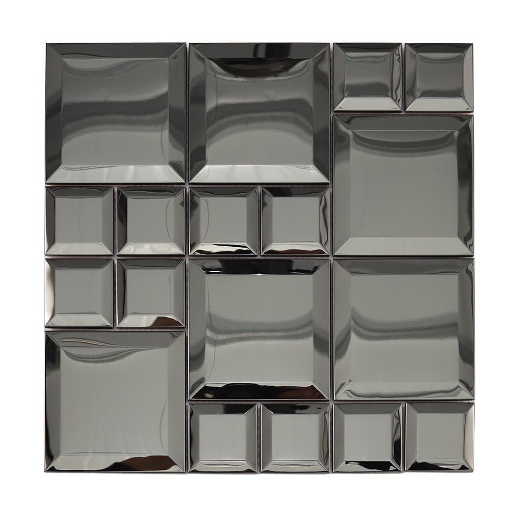 Front view of black stainless steel beveled square mosaic tile with reflective surface