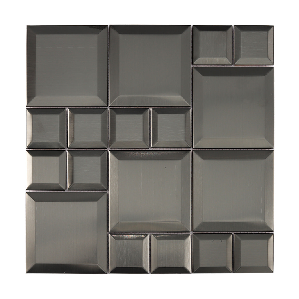 Full sheet of black stainless steel square mosaic tile with brushed finish and beveled edges
