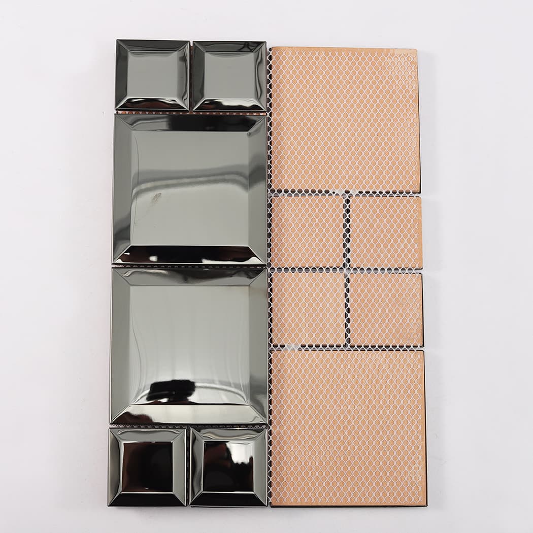 Back view of black stainless steel mosaic tile with mesh backing structure