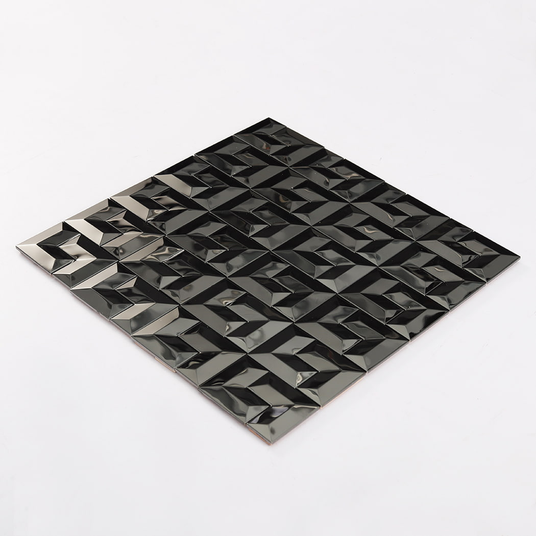 Full sheet view of black stainless steel mosaic metal tile on white background