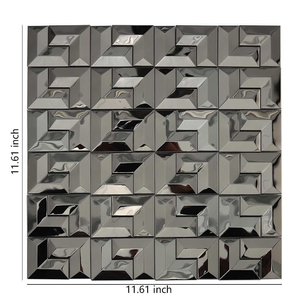 Black stainless steel mosaic metal tile sheet showing overall size and geometric pattern