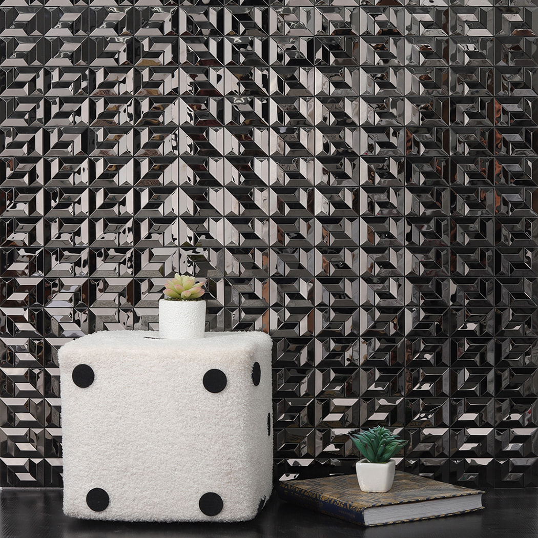 Interior decor scene featuring black stainless steel mosaic metal tile wall
