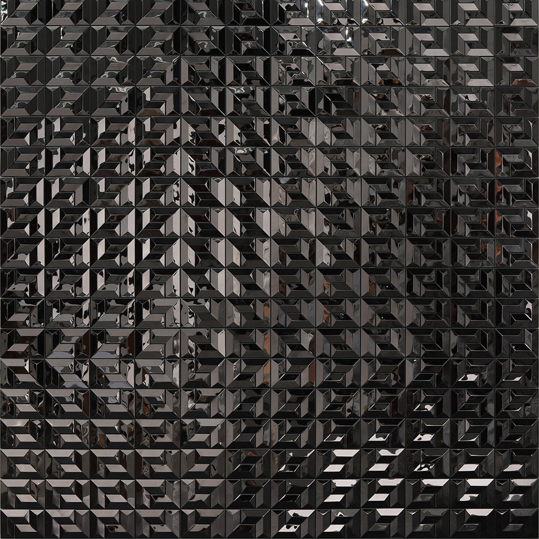 Large wall installation of black stainless steel mosaic metal tile with uniform pattern