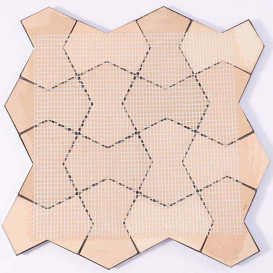 Back view of blue 3D stainless steel wall tile with mesh