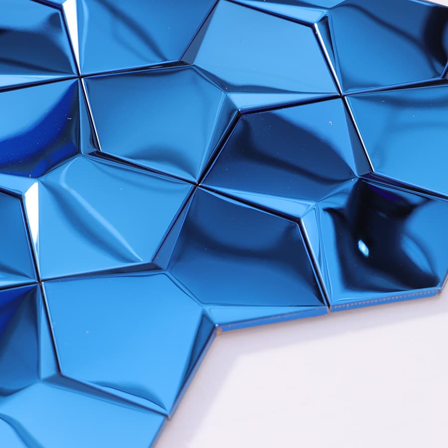 Corner view of blue 3D stainless steel wall tile