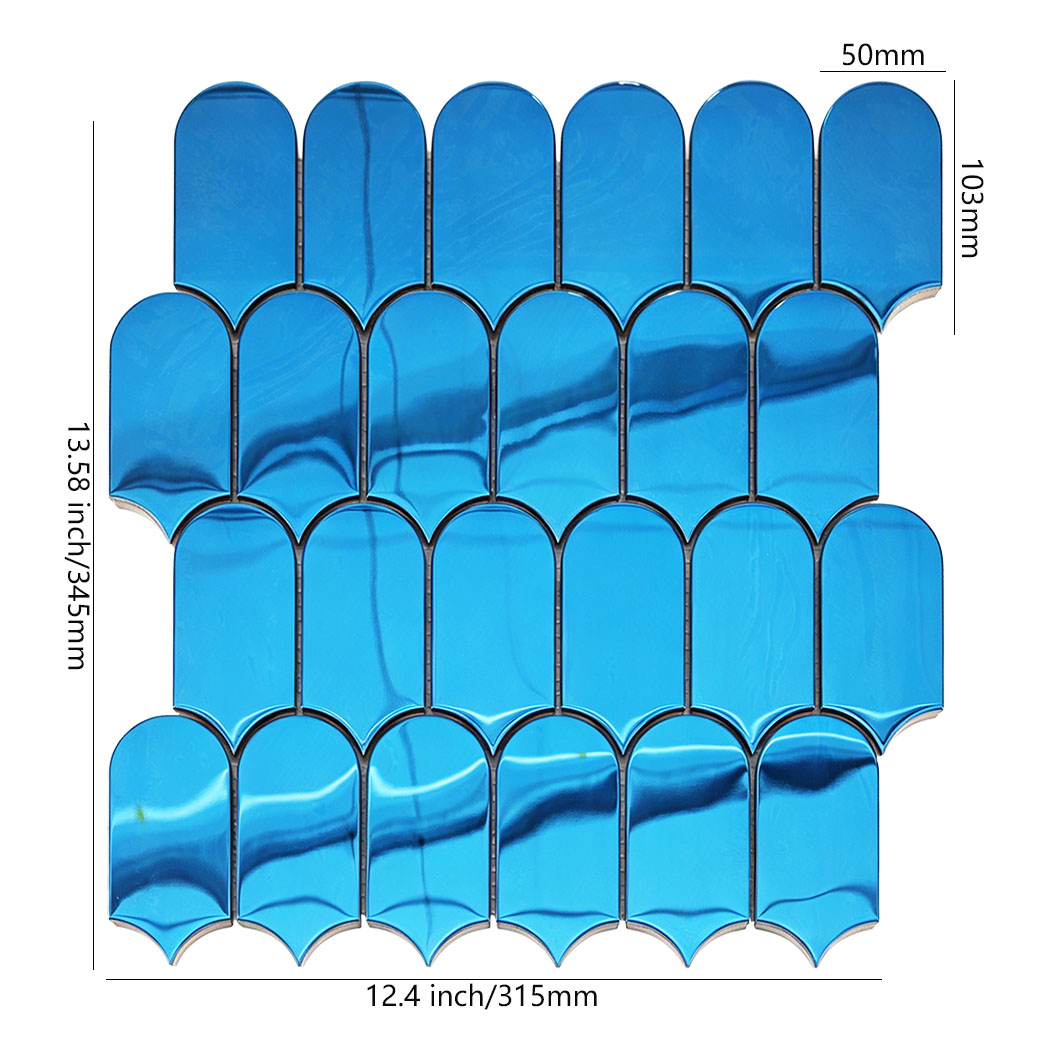 Blue arch metal mosaic tile sheet with 50mm by 103mm chip size display
