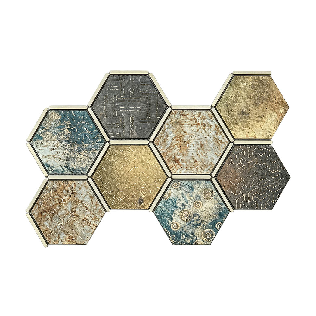 Blue brown and gold aluminum hexagon mosaic tile sheet on a white background