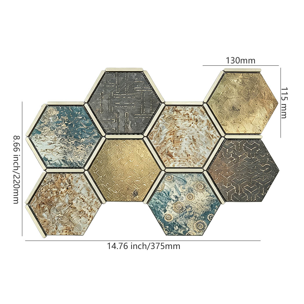 Blue brown and gold aluminum hexagon mosaic tile sheet with size details