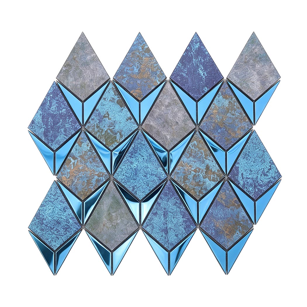 Blue diamond aluminum and stainless steel mosaic tile sheet with antique finish
