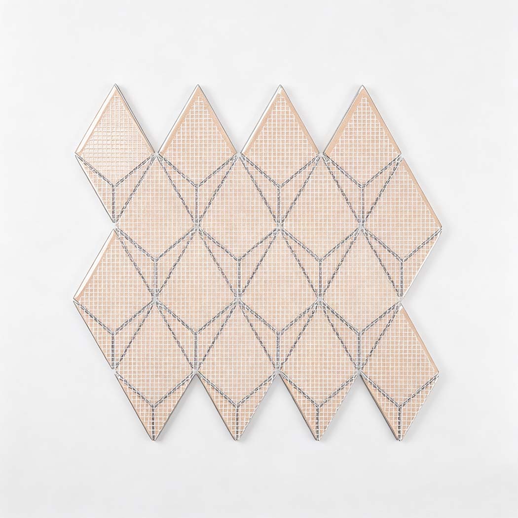 Back view of blue aluminum and stainless steel diamond mosaic tile sheet with mesh backing