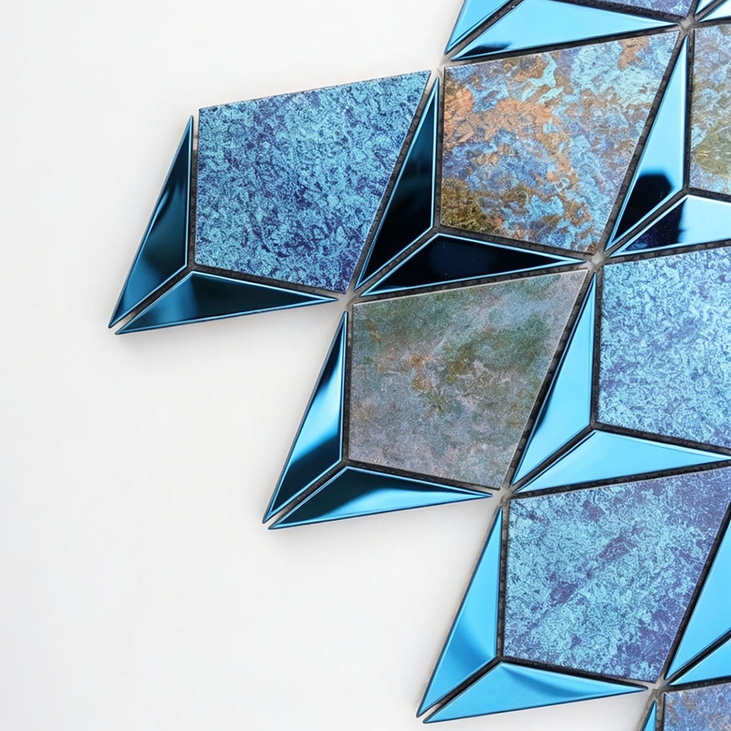 Close up of blue diamond aluminum and stainless steel mosaic tile