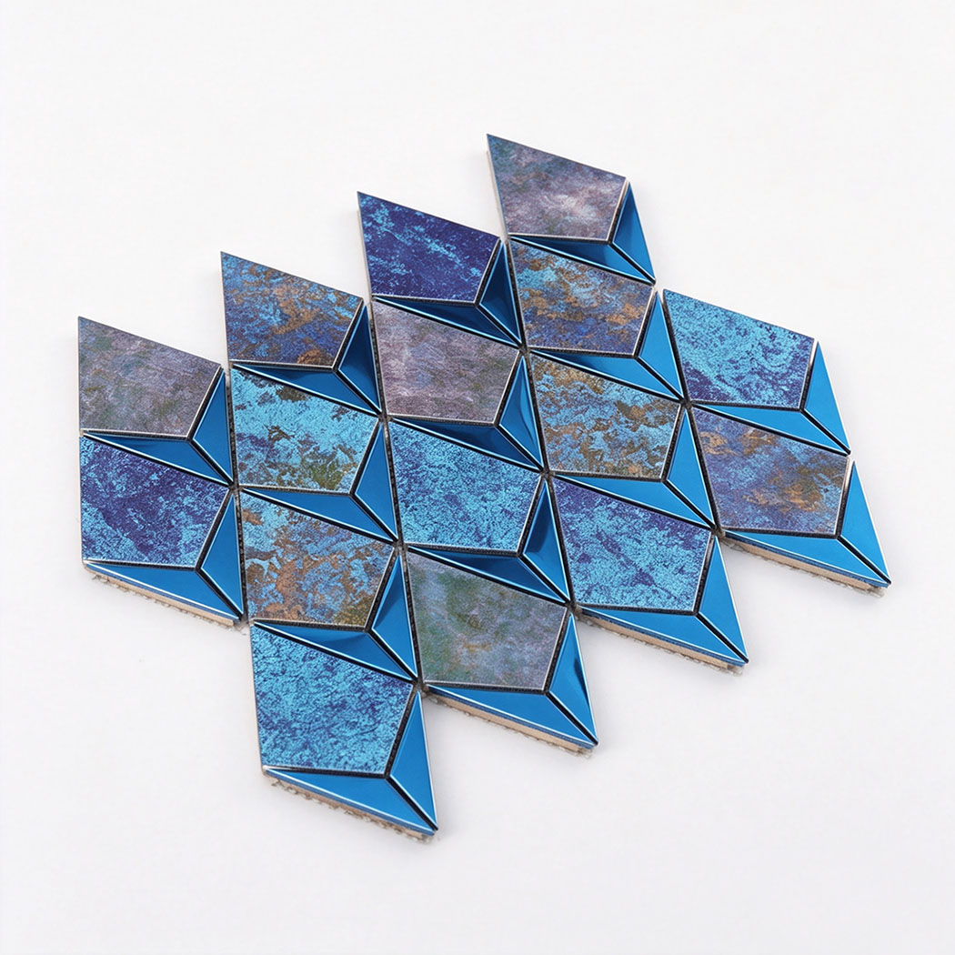 Angled view of blue aluminum and stainless steel diamond mosaic tile sheet