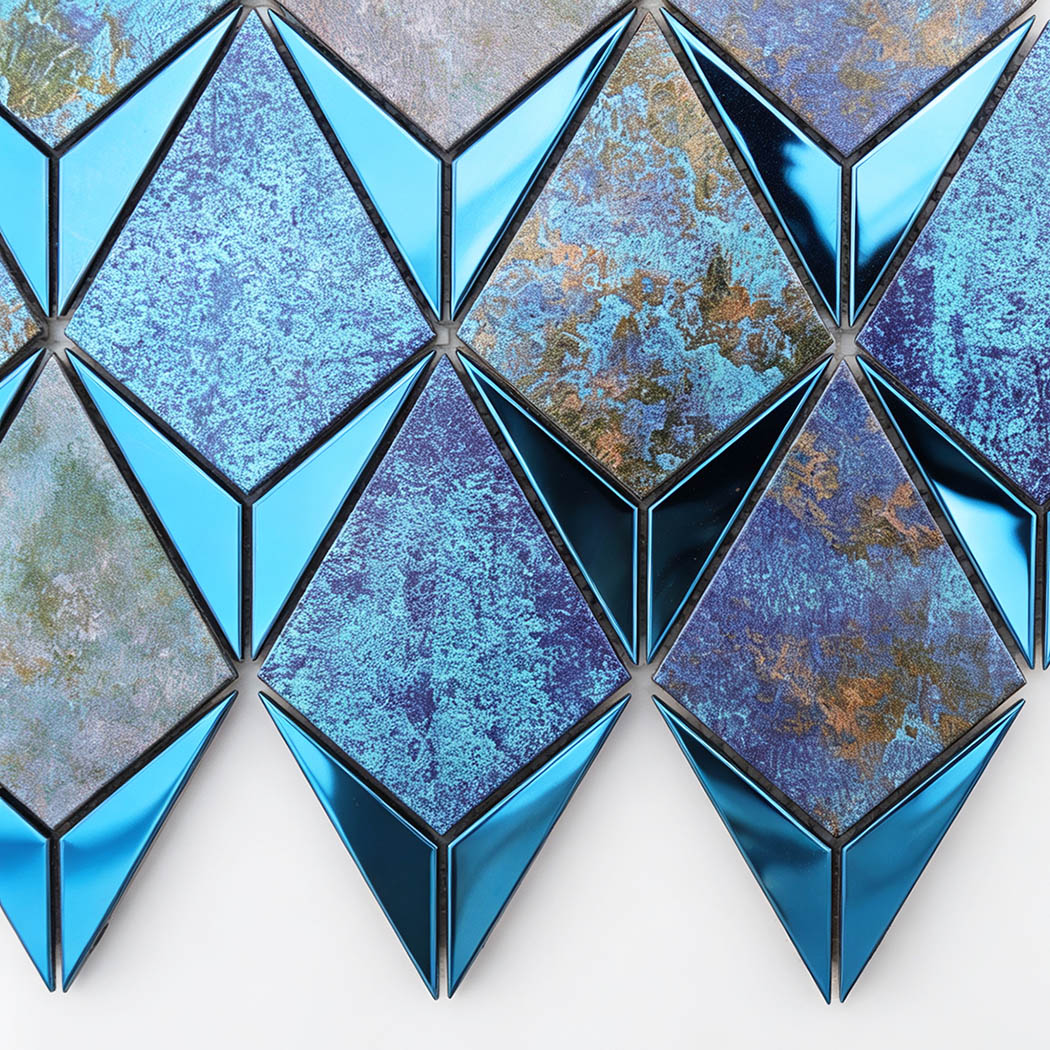 Detailed blue textured diamond mosaic tile with reflective stainless steel accents