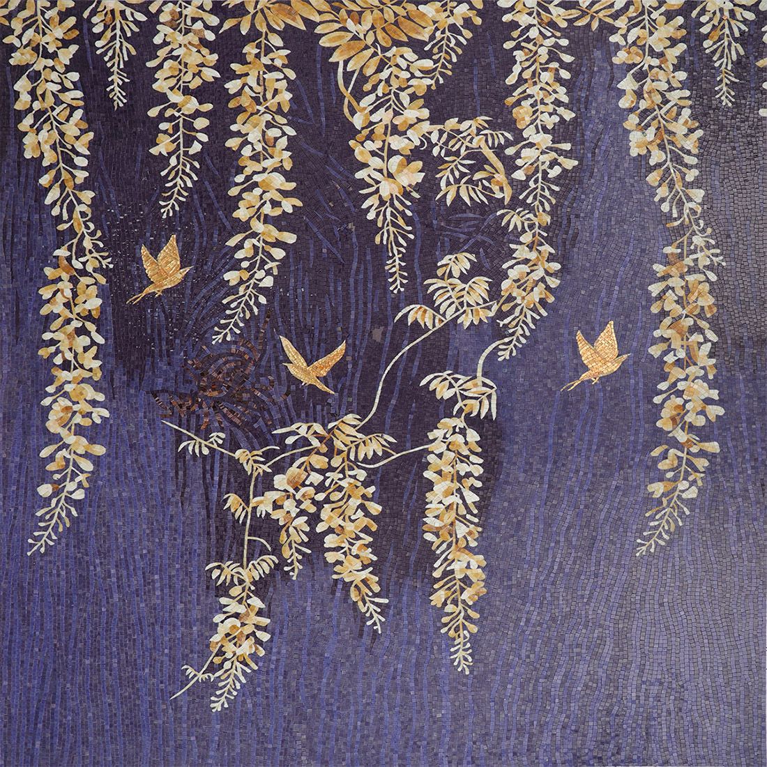 Full blue glass mosaic mural with golden birds and hanging floral vines