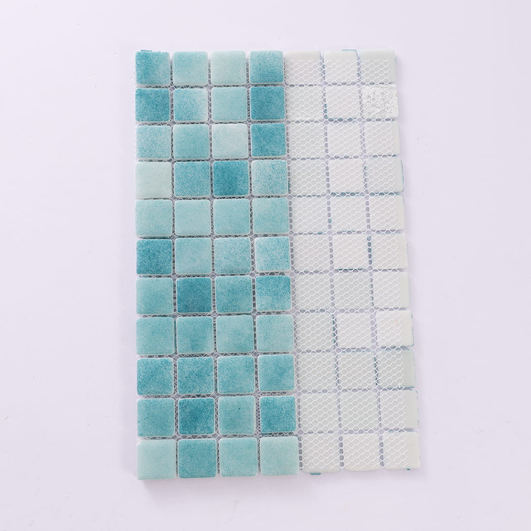 Front and back view of blue green recycled glass mosaic tiles with mesh backing.