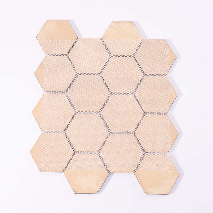 Back view of blue and grey hexagon aluminum mosaic tile sheet with mesh backing