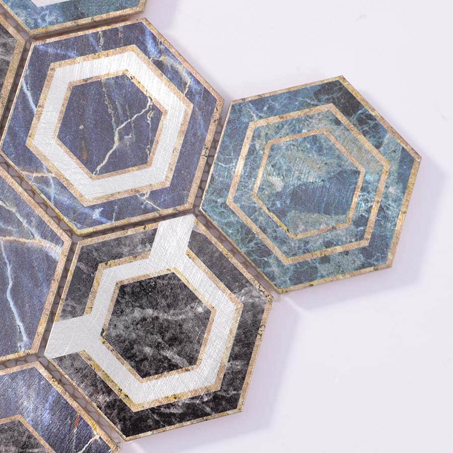 Close-up of blue and grey hexagon aluminum mosaic tile