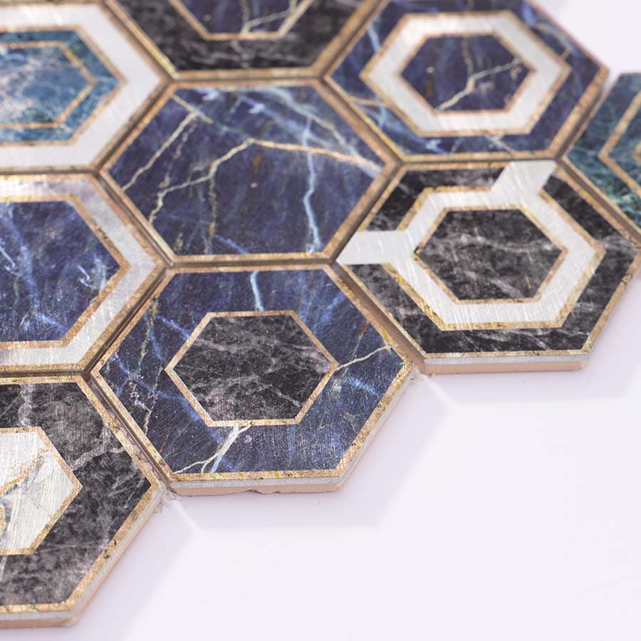 Edge view of blue and grey hexagon aluminum mosaic tile sheet