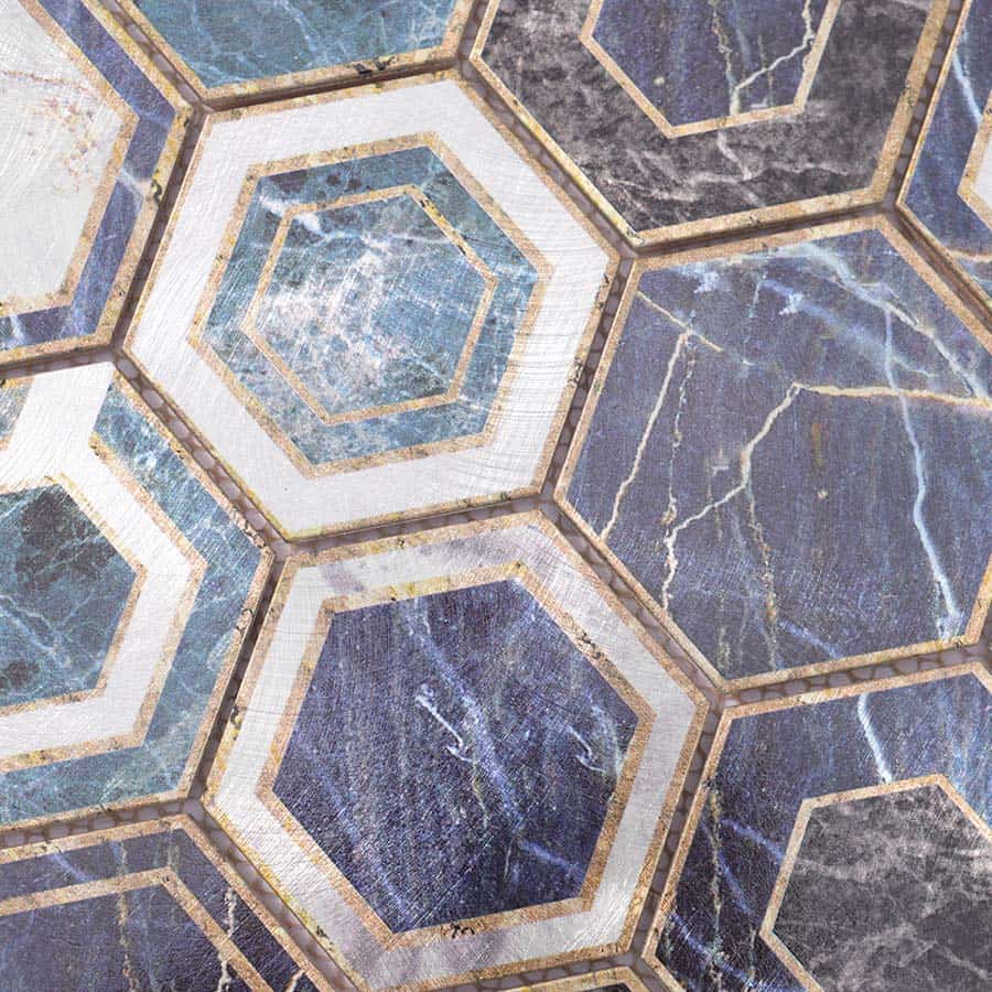 Surface detail of blue and grey hexagon aluminum mosaic tile