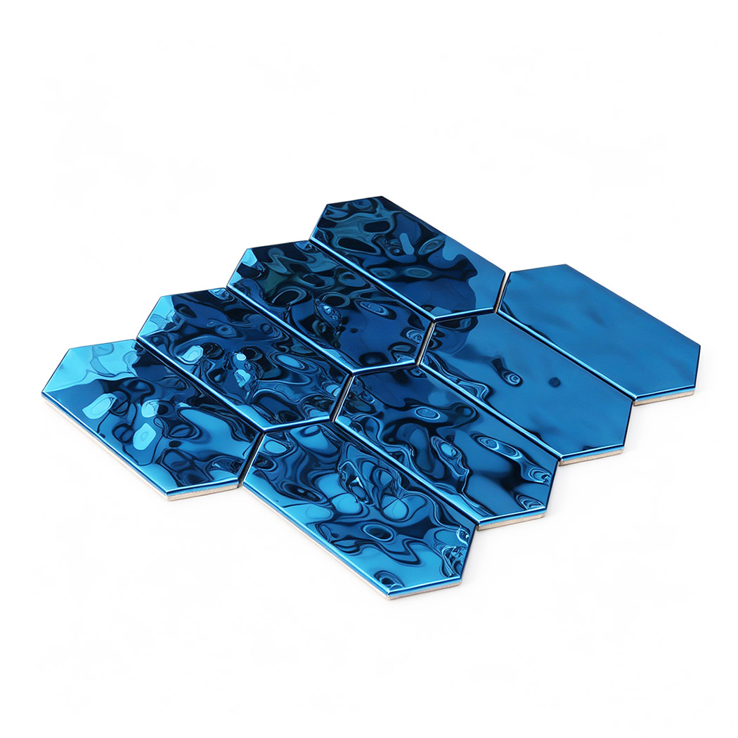 Full layout view of glossy blue hexagon stainless steel mosaic tile sheet