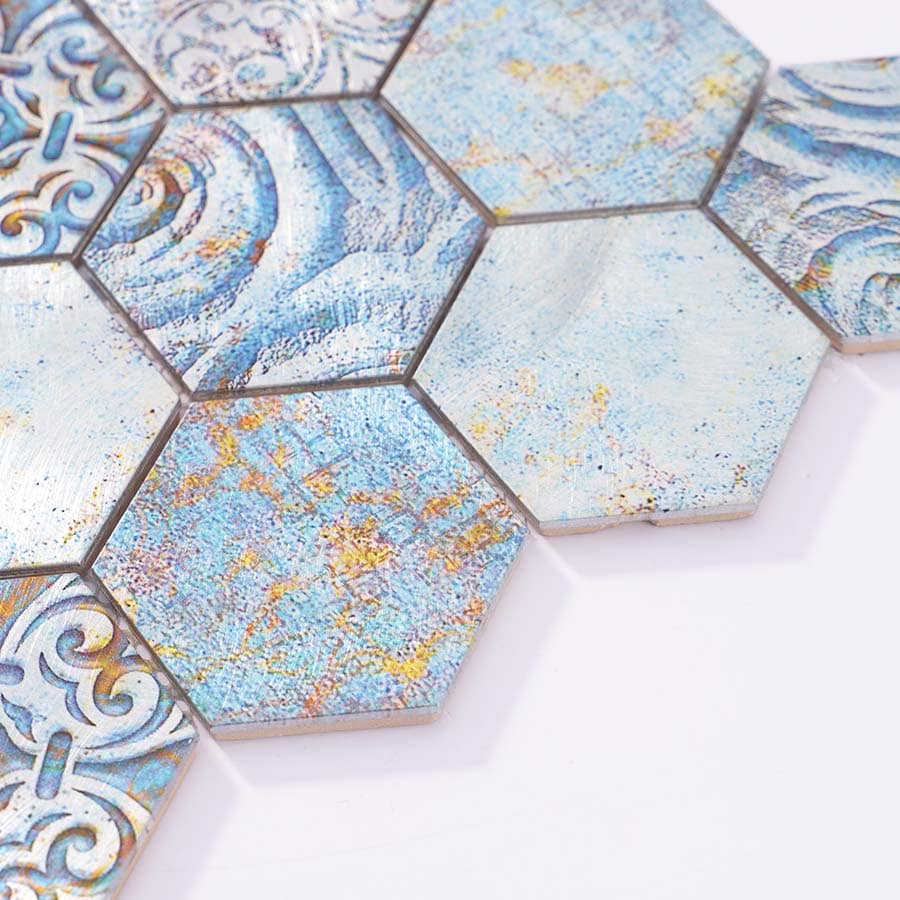 Corner detail of blue hexagon mosaic tile sheet