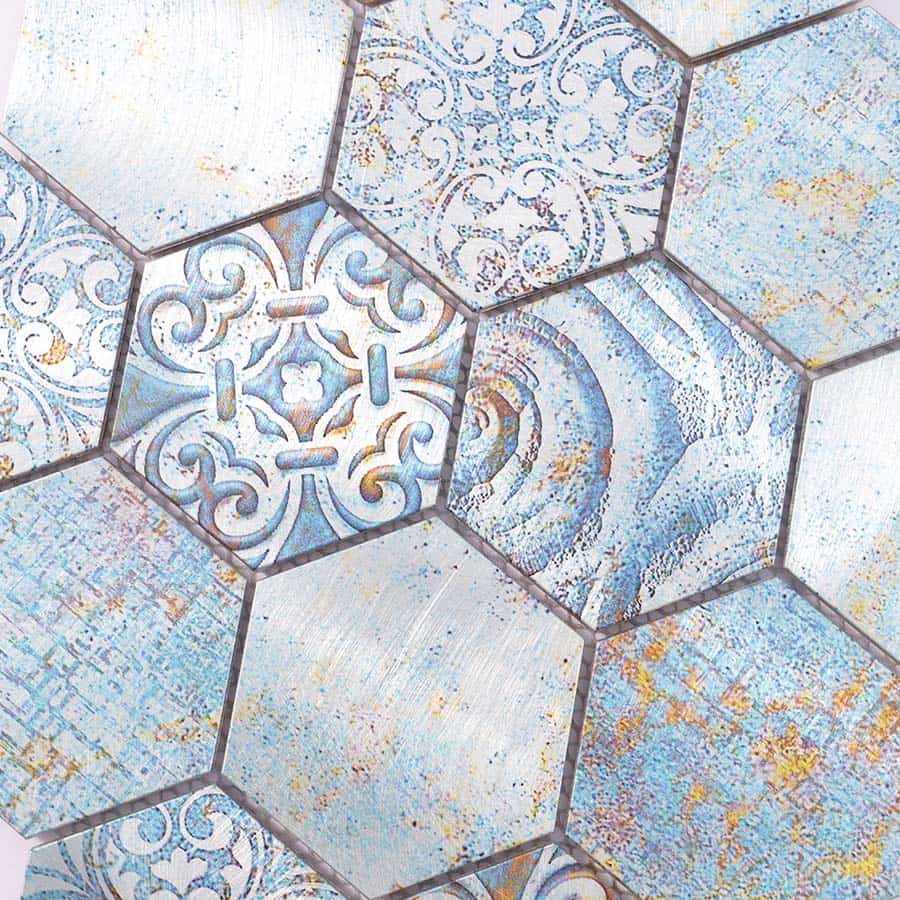 Close-up of patterned blue hexagon mosaic tiles