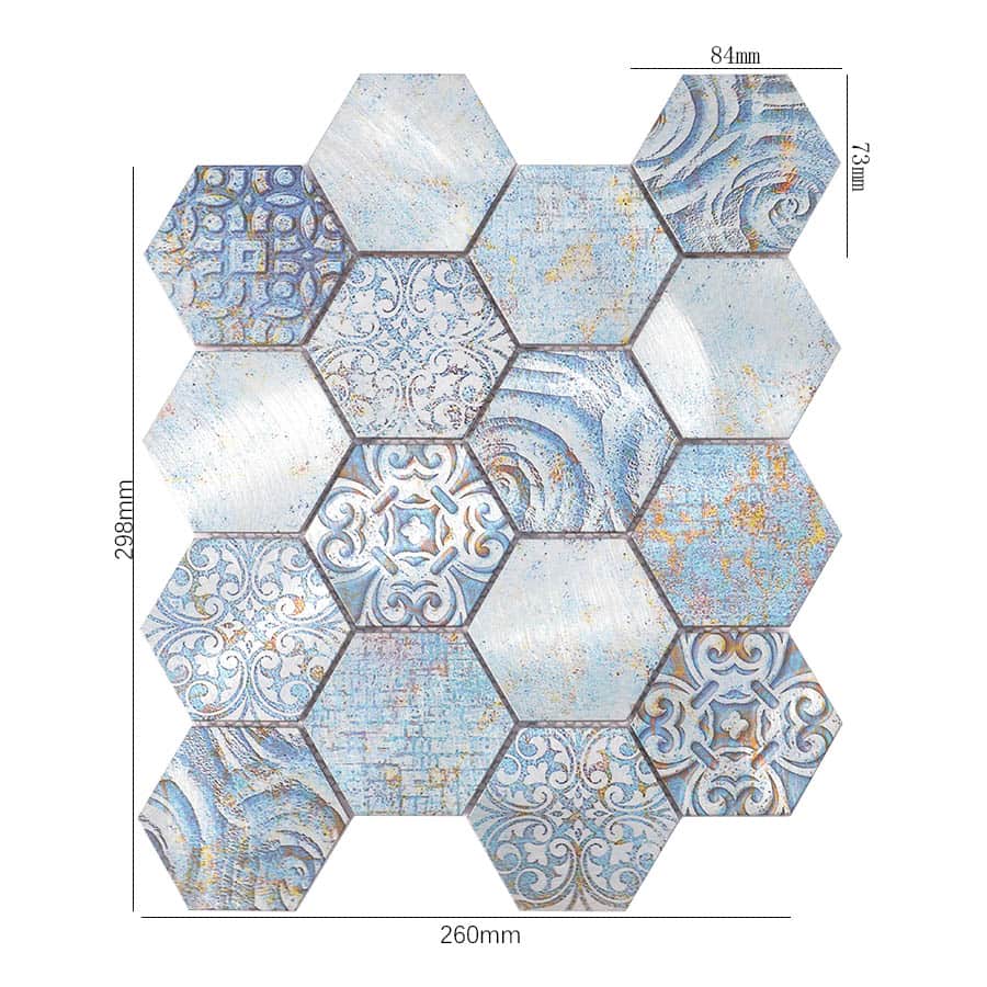 Blue hexagon mosaic tile with vintage patterns and size measurements