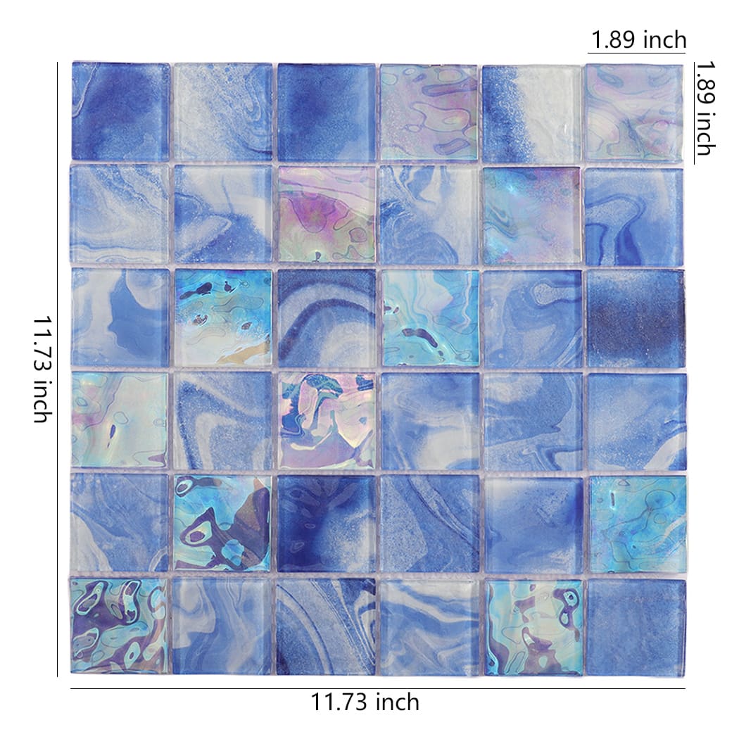 Blue iridescent square glass mosaic sheet with 1.89 inch tiles and size details