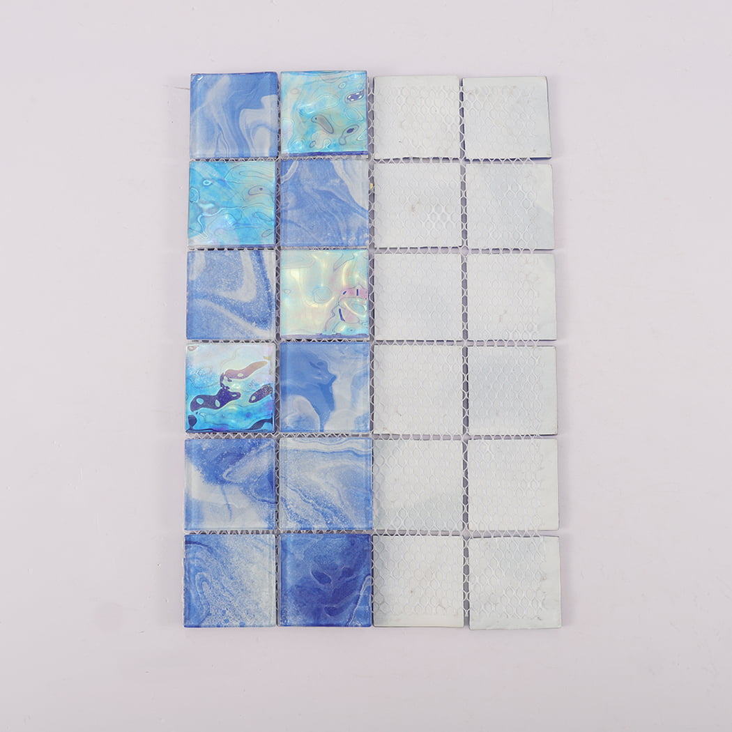 Back view of blue iridescent square glass mosaic tiles on mesh backing