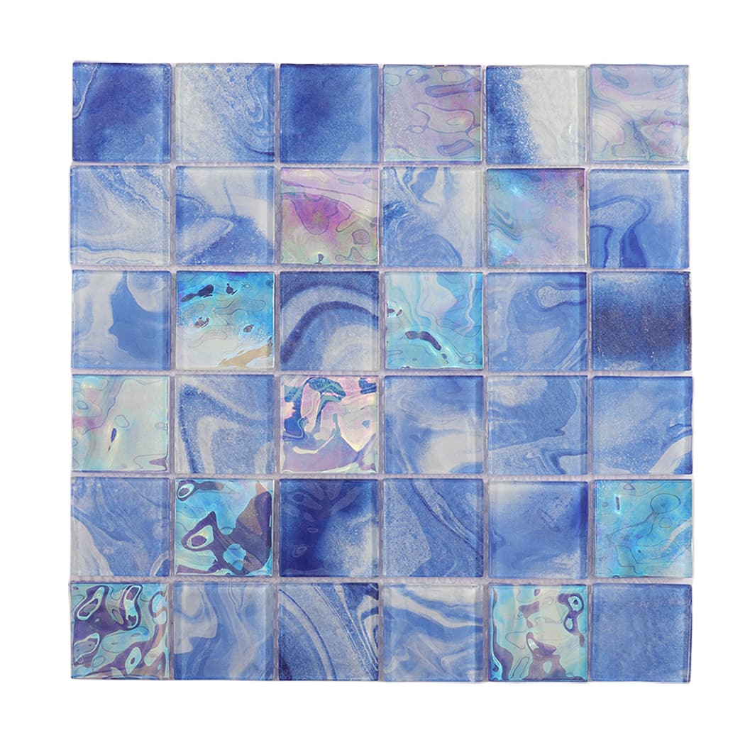 Blue and iridescent square glass mosaic tile sheet on a white background