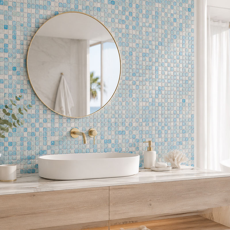 Small blue glass and marble mosaic tiles with round mirror and white vanity sink