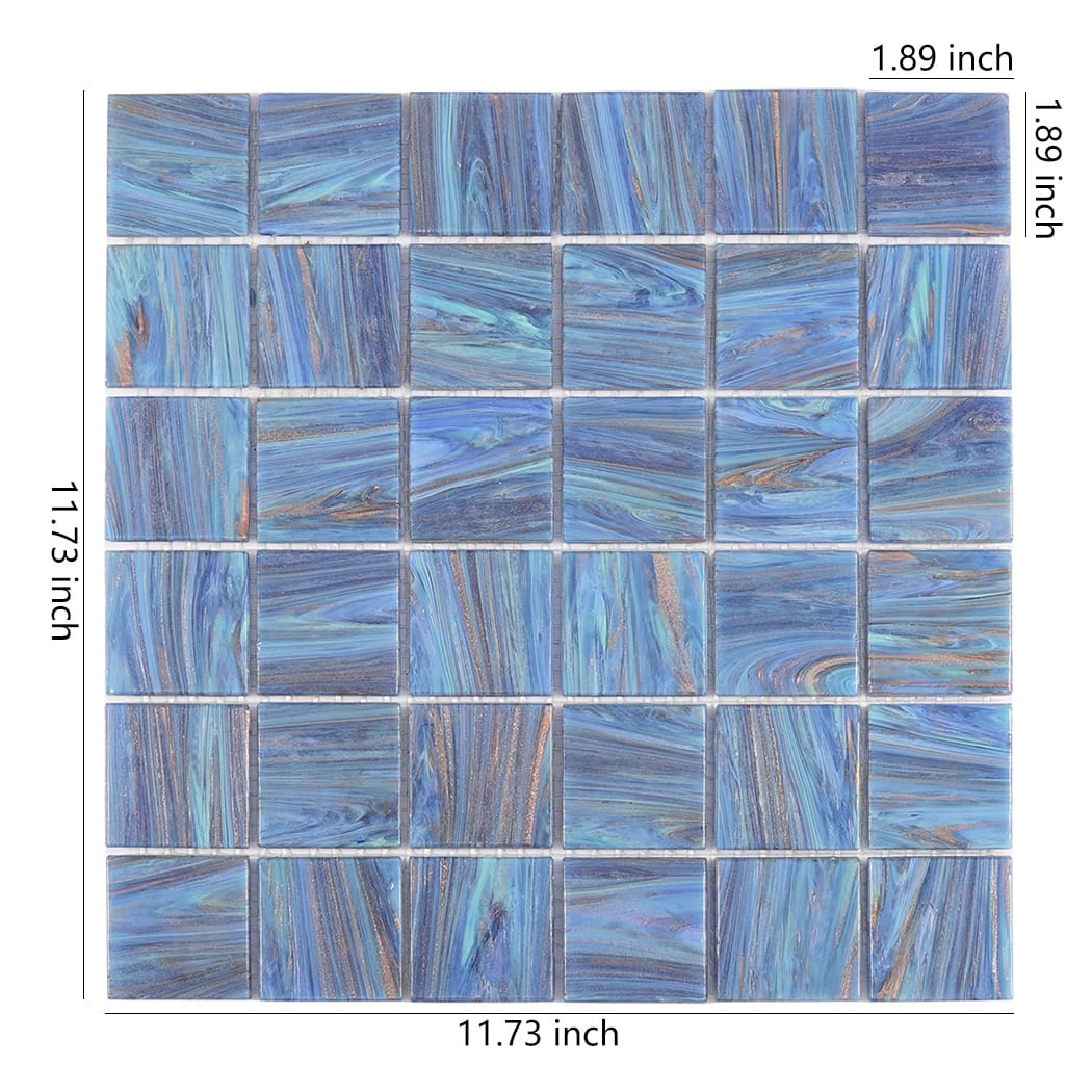 Blue marble glass mosaic sheet with 11.73 inch size and 1.89 inch tile labels